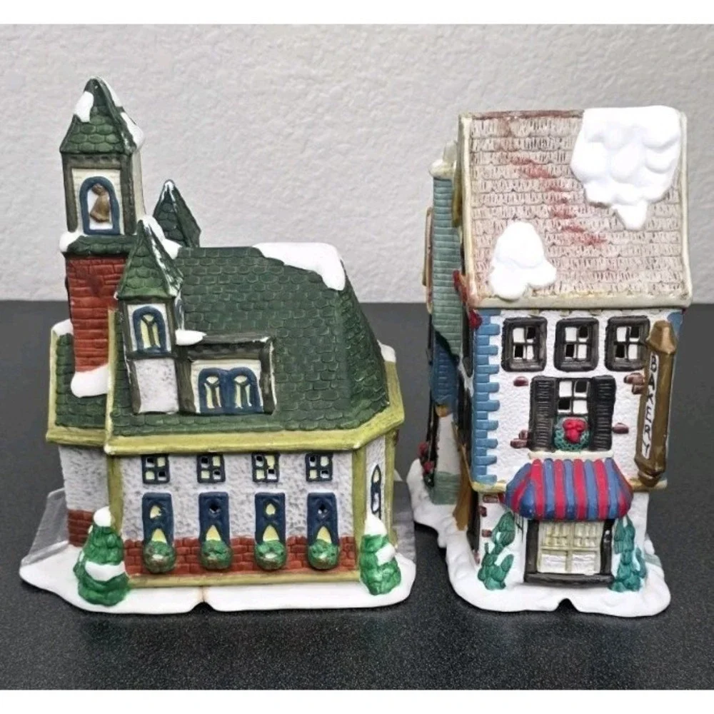 2pc CHRISTMAS VILLAGE PORCELAIN SNOW CHURCH Bakery HOUSE Decor Holiday Town